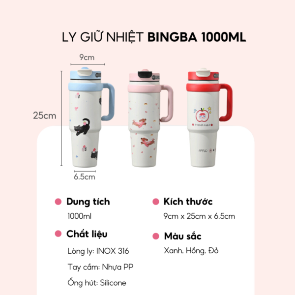 Ly giữ nhiệt MITA BingBa 1000ml, inox 316 có tay cầm, giữ nhiệt nóng lạnh kèm ống hút - Image 9
