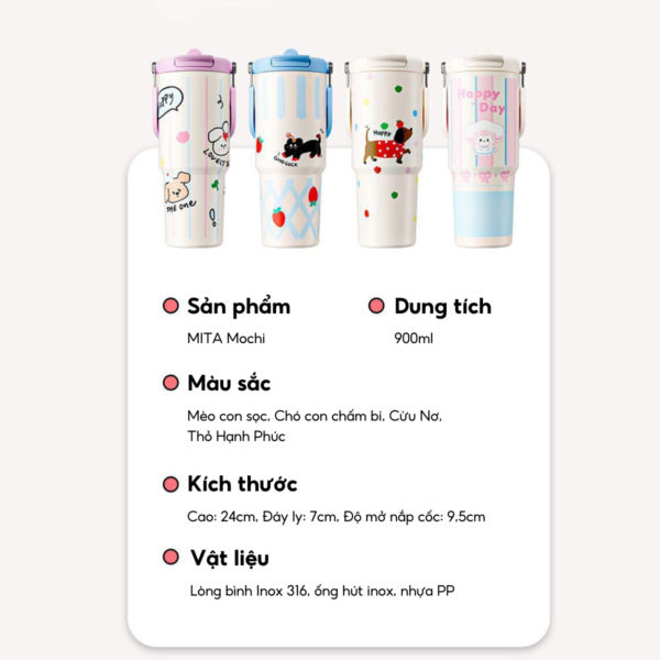 Ly giữ nhiệt MITA Mochi 900ml có quai xách, bình giữ nhiệt inox 316 cao cấp, trẻ trung - Image 2