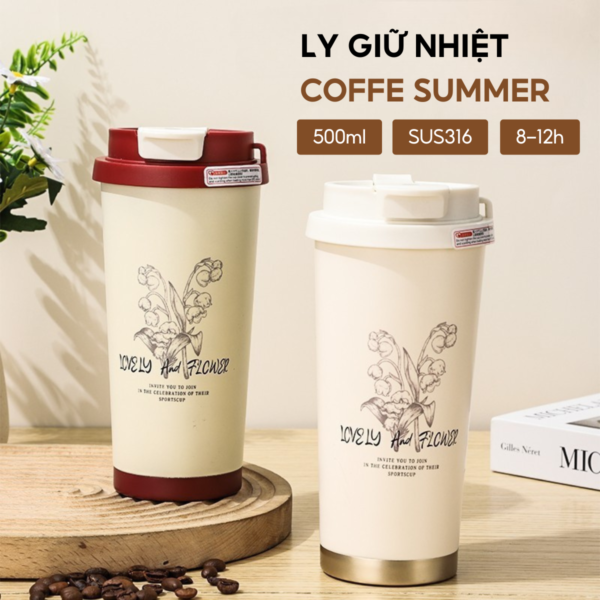 Ly giữ nhiệt MITA Coffee Summer 500ml, inox 316 cao cấp, có ống hút và quai xách, giữ nhiệt từ 8-12H
