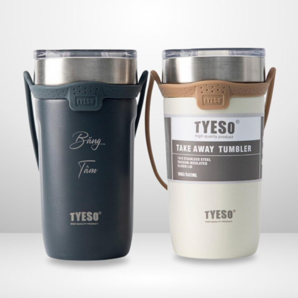 Ly giữ nhiệt khắc tên TYESO Tumbler, kèm theo ống hút và quai xách silicone